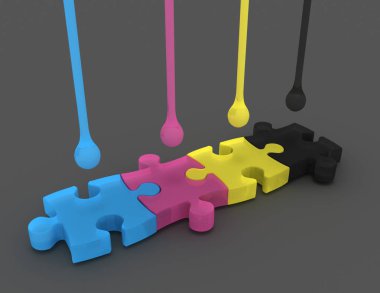 gri ve bulmaca izole 3d cmyk mürekkep damlaları