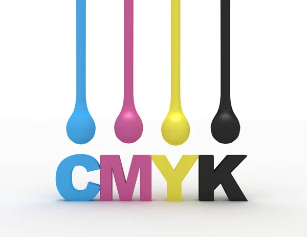 3D gotas de tinta cmyk aislado en blanco y cmyk palabra —  Fotos de Stock