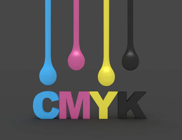 3D gotas de tinta cmyk aislado en blanco y cmyk palabra —  Fotos de Stock