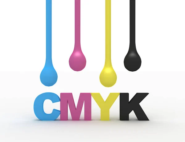 3D gotas de tinta cmyk aislado en blanco y cmyk palabra —  Fotos de Stock