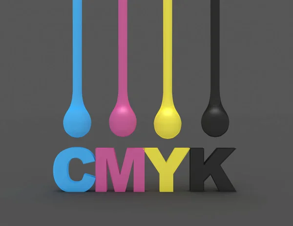 3D gotas de tinta cmyk aislado en gris y cmyk palabra —  Fotos de Stock