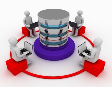 dizüstü bilgisayar ile 3D adam veri sunucuya bağlı. veri kavramı