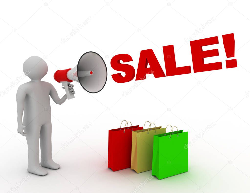 3D man with megaphone and word sale