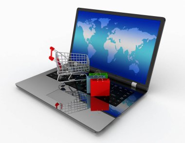 3D online alışveriş kavramı. resimde beyaz arka plan üzerinde