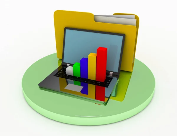 Ноутбук с диаграммой и папкой файлов. 3d иллюстрация — стоковое фото