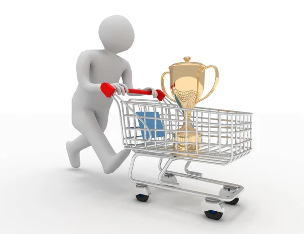 3d person with trophy in the shopping cart — Stock Photo, Image