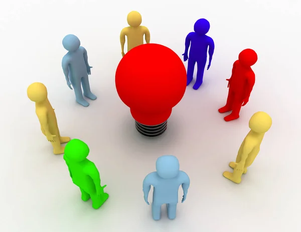 3D rendering of people with red light bulb — Stock Photo, Image