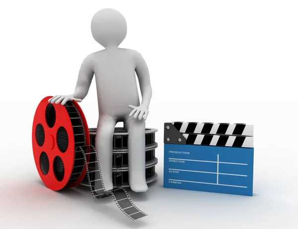 3d weiße Menschen. Filmregisseur mit Klappbrett und Filmrollen. — Stockfoto