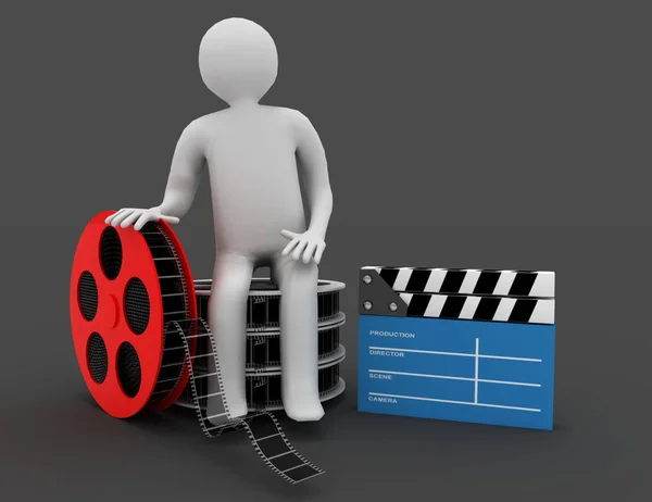 3d personas blancas. Director de cine con clapperboard y carretes de película . — Foto de Stock
