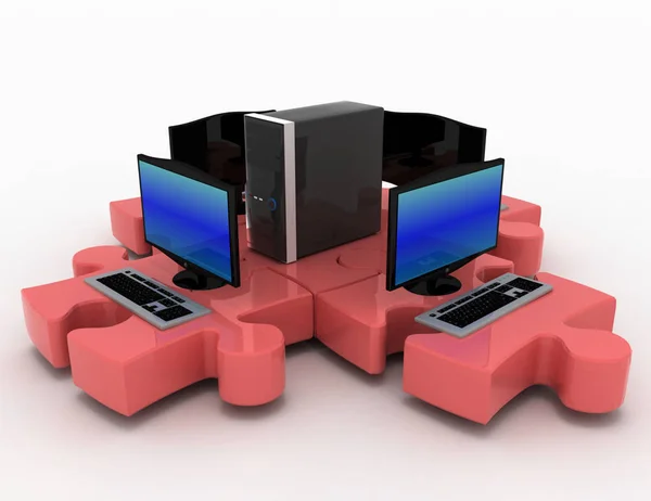 Le rendu 3d de l'ordinateur portable et le serveur se connectent dans des puzzles — Photo