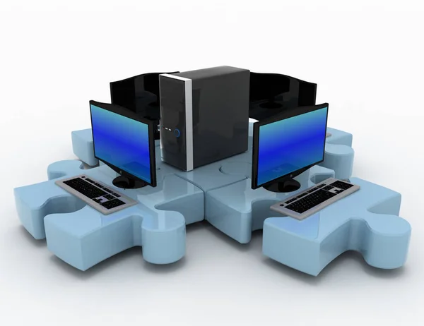 Rendering 3d di computer portatile e server connettersi in puzzle — Foto Stock