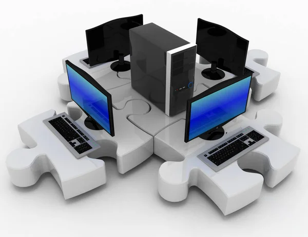 3d rendering of Laptop and server connect in puzzles — Stock Photo, Image