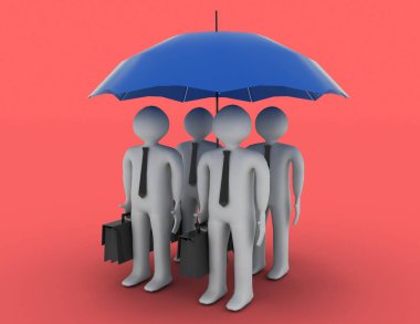 3D insanlar - erkekler, kişi bir şemsiye altında. Liderlik ve takım