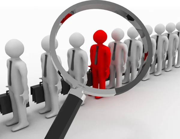 Kırmızı benzersiz adam üzerine Büyüteç getirin 3D render.