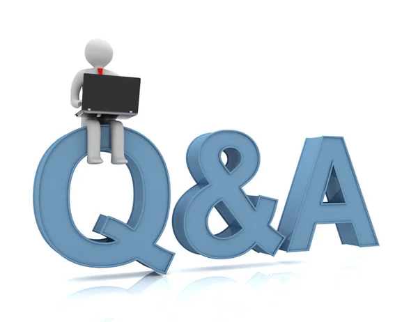 Person is sitting on q&a etters and uses a laptop — Stock Photo, Image