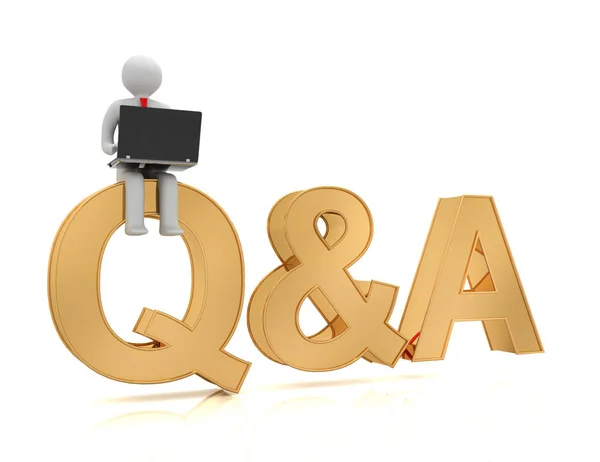 Person is sitting on q&a etters and uses a laptop — Stock Photo, Image