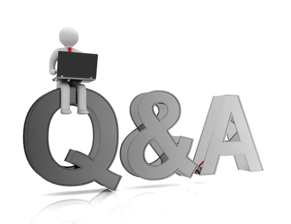 Person is sitting on q&a etters and uses a laptop — Stock Photo, Image