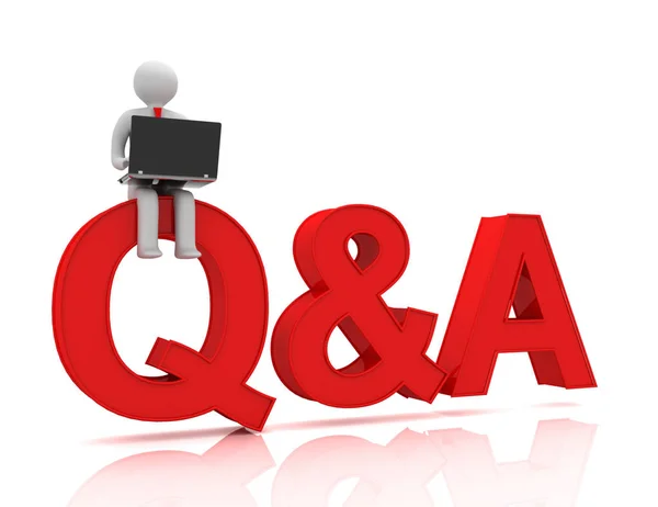 Person is sitting on q&a etters and uses a laptop — Stock Photo, Image