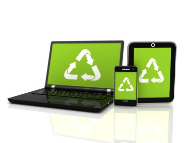 3D laptop ekran bir geri dönüşüm sembolü ile. çevre conse