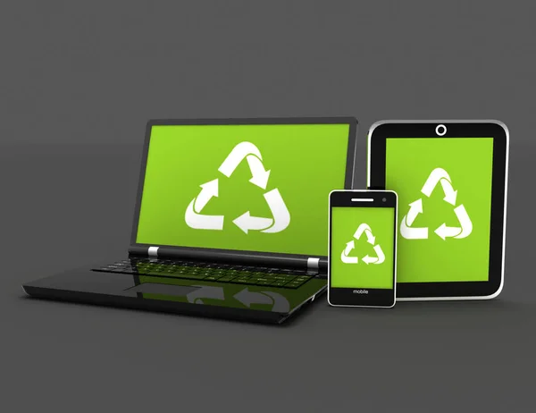 3D Laptop with a recycling symbol on screen. environmental conse — Stock Photo, Image