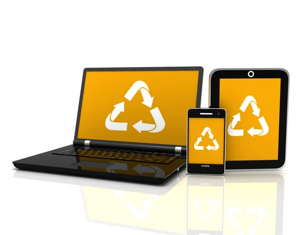 リサイクル シンボル画面上で 3 d ノート パソコン。環境 conse — ストック写真
