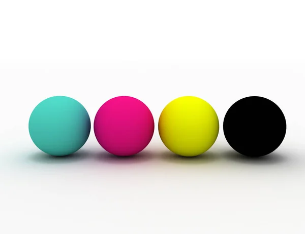 3D рендеринг четырех сфер в цветах CMYK — стоковое фото