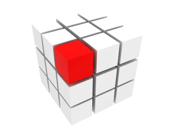 Groupe 3D de cubes avec un rouge isolé sur blanc . — Photo