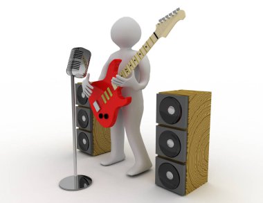 3d beyaz insanlar retro mikrofon ile elektro gitar çalmak