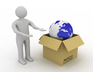 cartbox ve küre 3D adamla. 3D render illüstrasyon