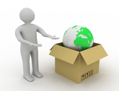 cartbox ve küre 3D adamla. 3D render illüstrasyon