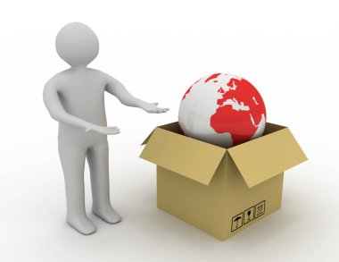 cartbox ve küre 3D adamla. 3D render illüstrasyon