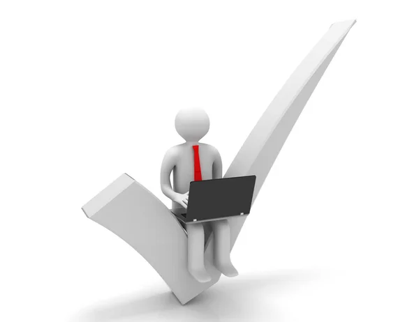 3d renderização de homem com laptop sentado na marca direita — Fotografia de Stock
