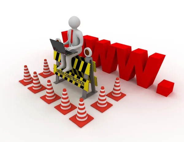 3d worker with laptop is sitting on an Under Construction sign. — Stock Photo, Image