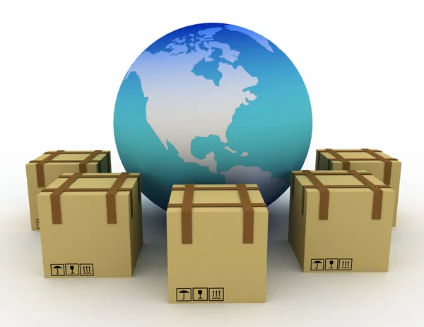 Carton boxes in a circle around the globe. 3d rendered illustrat — Stock Photo, Image