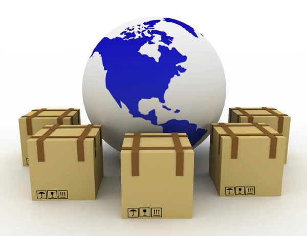 Carton boxes in a circle around the globe. 3d rendered illustrat — Stock Photo, Image