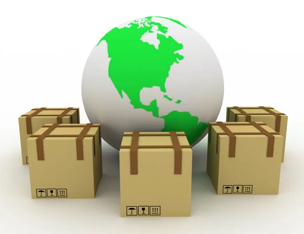 Carton boxes in a circle around the globe. 3d rendered illustrat — Stock Photo, Image