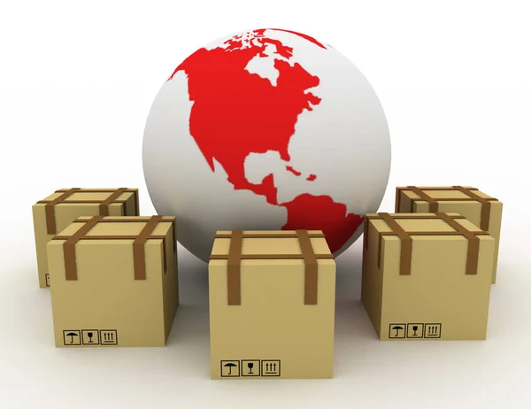 Carton boxes in a circle around the globe. 3d rendered illustrat — Stock Photo, Image