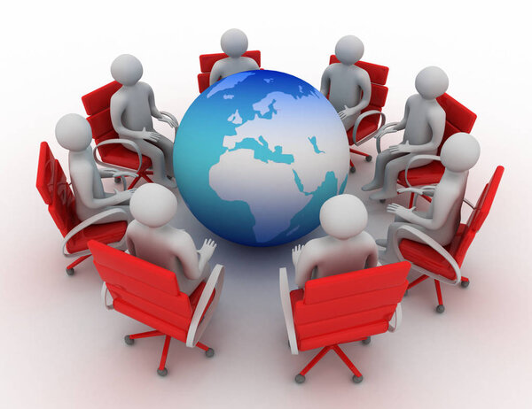 Бизнесмены бегут по стрелкам, указывая на цель в центре города.
