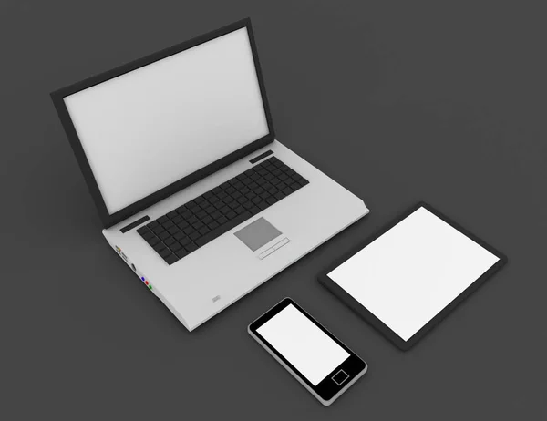 3D ноутбук, мобильный телефон и цифровой планшетный компьютер — стоковое фото