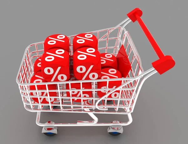Shopping cart with cubes of percent . 3d illustration — Stock Photo, Image