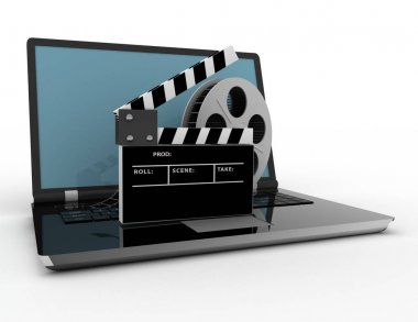 Beyaz arka plan üzerinde izole bir dizüstü bilgisayarda film tokmağı. 3D illus