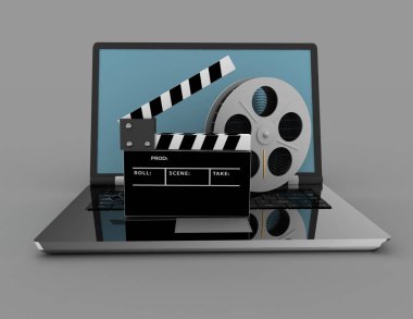 Beyaz arka plan üzerinde izole bir dizüstü bilgisayarda film tokmağı. 3D illus