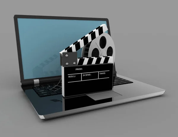 Filmklöppel auf einem Laptop isoliert auf weißem Hintergrund. 3d illus — Stockfoto