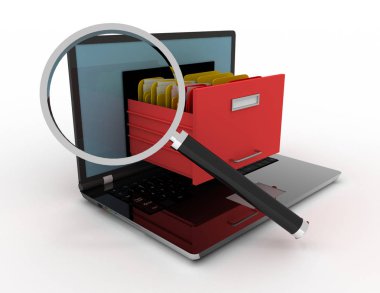 3d render illüstrasyon görüntü. Dizüstü bilgisayar ve dosyalar. Veri storag