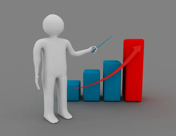 3d людина представляє графік зростання бізнесу на сірому фоні — стокове фото