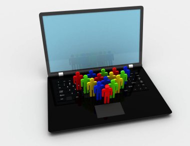 Kişilik ekibin rakamlar laptop, 3d render illüstrasyon