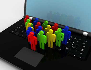 Kişilik ekibin rakamlar laptop, 3d render illüstrasyon