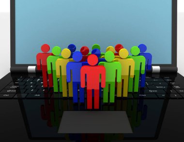 Kişilik ekibin rakamlar laptop, 3d render illüstrasyon