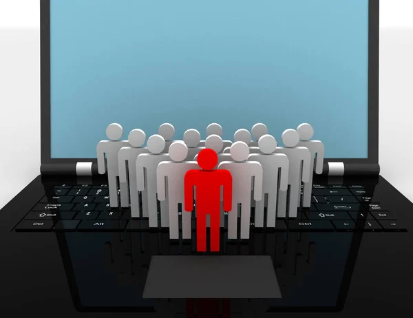 Team av människor siffror på laptop, 3d utsmält illustration — Stockfoto