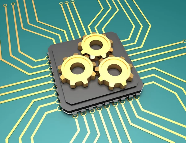 3d illustration of processor with a gear wheels. rendered illust — Stock Photo, Image